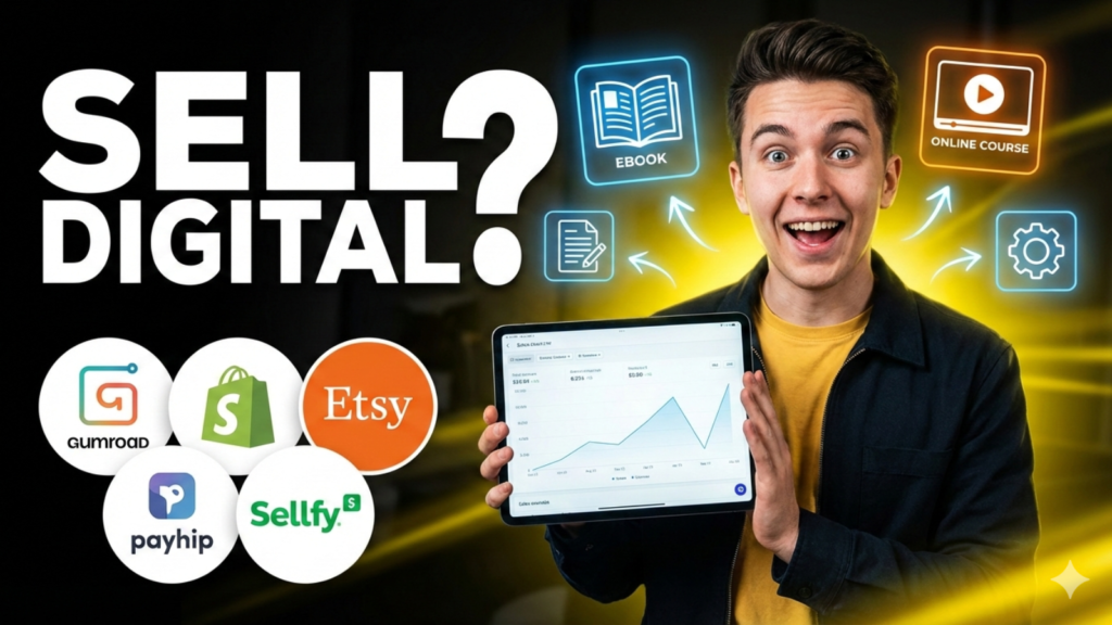 YouTube thumbnail featuring an excited man holding a tablet with a sales chart, with the text "SELL DIGITAL?" and icons for ebooks, online courses, and logos for Gumroad, Shopify, Etsy, Payhip, and Sellfy.