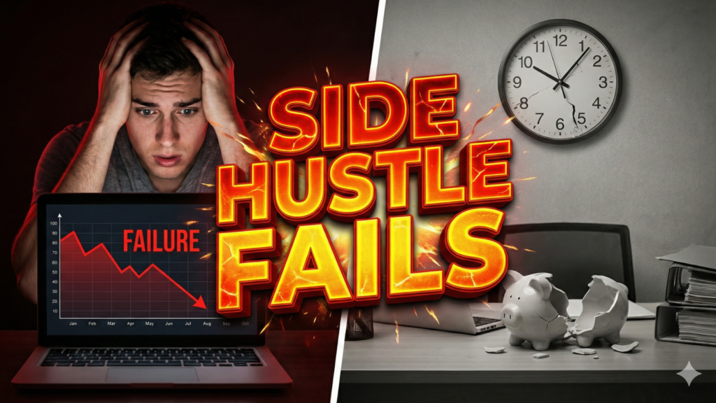 Split-screen YouTube thumbnail graphic with a stressed man looking at a laptop showing a red "FAILURE" graph on the left, and a broken piggy bank and a broken clock on a desk on the right. Large, fiery orange text in the center reads "SIDE HUSTLE FAILS".