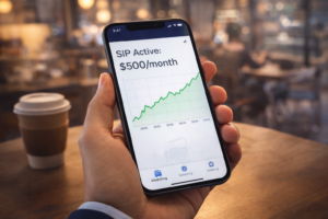 Close-up of a smartphone showing an active SIP investment of $500 per month with an upward growth graph, representing easy mobile investing in a modern lifestyle setting
