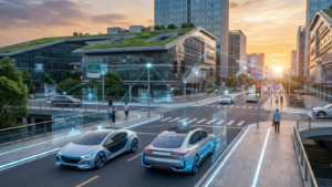 Futuristic autonomous electric vehicles driving in a smart city at sunset, illustrating a connected V2X urban mobility network with digital overlays and green architecture.