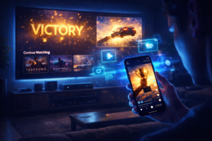 Realistic illustration of a modern living room with a smart TV showing a premium streaming interface and a hand holding a smartphone running a short-video app, holographic AR elements connecting devices in a sleek futuristic setup.