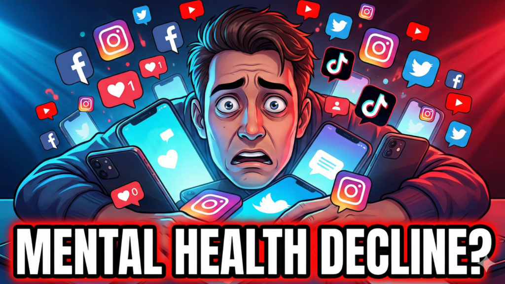 illustration showing a man with a stressed expression overwhelmed by a pile of smartphones and floating social media logos like Instagram, TikTok, and Facebook, under dramatic red and blue lighting, with the text "MENTAL HEALTH DECLINE?" at the bottom.