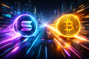 Futuristic illustration of Solana and Bitcoin coins racing on a digital highway in a cyber city, symbolizing crypto competition and the 2026 digital economy