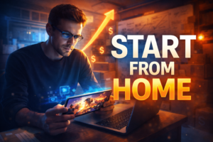 A YouTube thumbnail featuring a man in a garage home office with a "STARTUP PLAN" whiteboard, looking at a laptop. The text "START FROM HOME" is prominent, along with a large upward arrow and dollar signs, symbolizing business growth and making money from home.