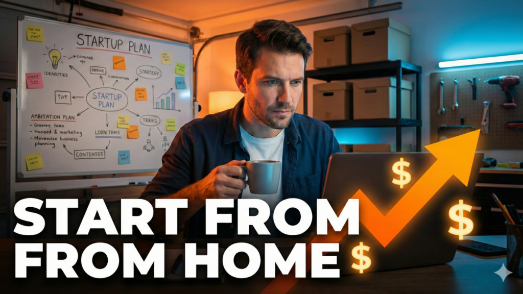 A YouTube thumbnail featuring a man in a garage home office with a "STARTUP PLAN" whiteboard, looking at a laptop. The text "START FROM HOME" is prominent, along with a large upward arrow and dollar signs, symbolizing business growth and making money from home.