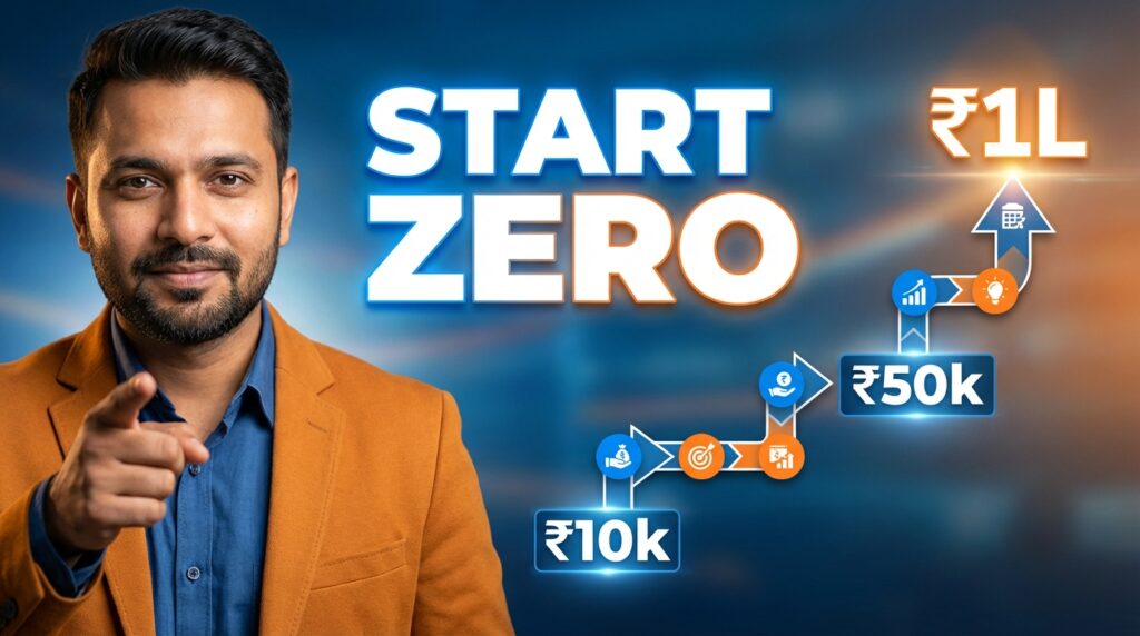 Step-by-step roadmap showing how to start an online business from zero to ₹1 lakh income