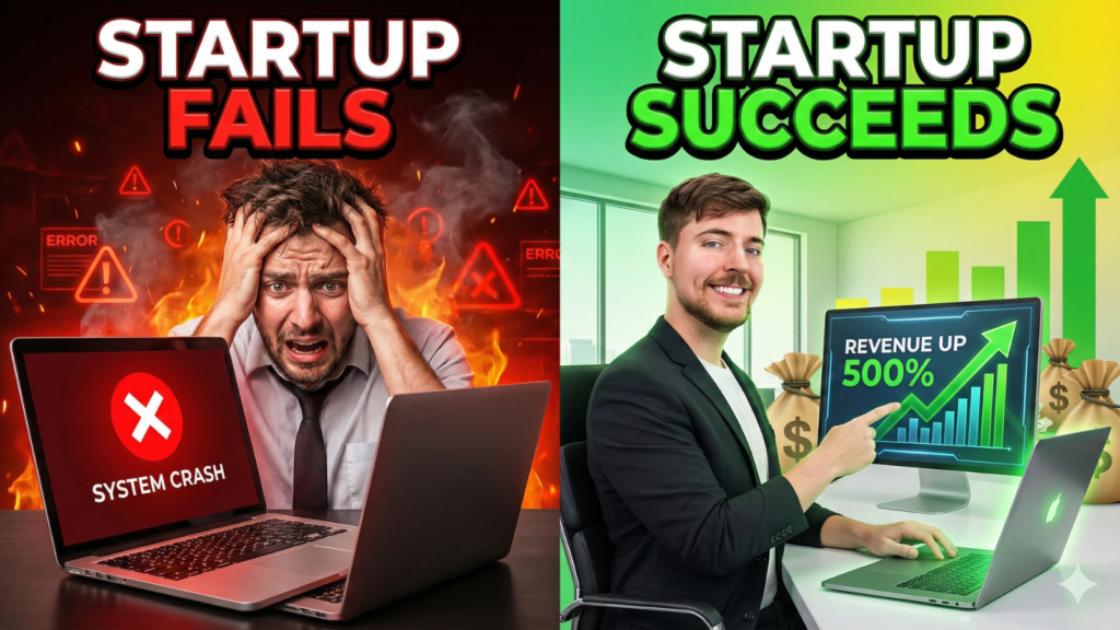 A split-screen YouTube thumbnail comparison titled "STARTUP FAILS" on the red left side and "STARTUP SUCCEEDS" on the green right side. The left shows a stressed entrepreneur amid fire with a laptop displaying "SYSTEM CRASH." The right shows a confident man, resembling MrBeast, pointing to a screen with a green graph showing "REVENUE UP 500%" surrounded by money bags.