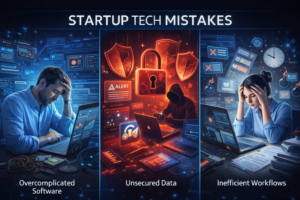 Visual representation of startup tech mistakes showing stressed employees struggling with overcomplicated software, unsecured data with a hacker, and inefficient workflows, in a futuristic office setting.