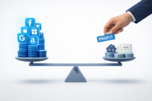 Illustration showing strategic asset rebalancing where profits are shifted from overweight tech stocks to real estate and bonds to maintain a balanced investment portfolio.