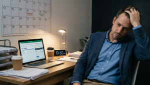 A stressed male entrepreneur in a blue blazer and shirt, holding his head in his hands at a cluttered desk late at night. His laptop shows "Q1 Targets," and a calendar on the wall has a "Deadline" marked for January 16, 2026. A clock reads 10:30 PM.