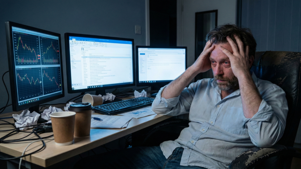 A stressed, exhausted man with his hands on his head sits at a messy desk at night, looking at multiple computer screens displaying financial data and stock market charts. Empty coffee cups and crumpled paper are on the desk.