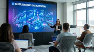 Confident student presenting a global economics topic using a modern slide deck with futuristic charts in a classroom