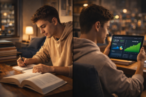 Split screen image of a student studying textbooks on one side and analyzing a sales dashboard on a tablet on the other, showing how students can balance studies and business.