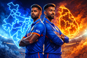Suryakumar Yadav and Hardik Pandya standing back to back in Team India jersey with Mission 2026 theme for ICC T20 World Cup