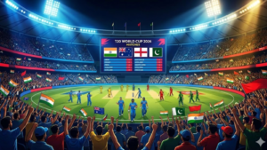 A vibrant illustration of a packed cricket stadium during the T20 World Cup 2026, featuring a match between teams including India and Pakistan, with cheering fans waving flags and a large scoreboard displaying the schedule and scores under bright floodlights.