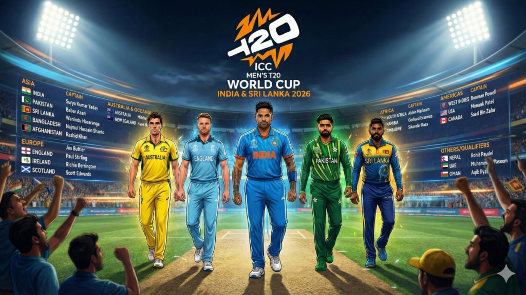 Promotional graphic for the ICC Men's T20 World Cup 2026, titled "T20 WC 2026: Schedule & Big Matches," featuring captains Surya Kumar Yadav, Babar Azam, Wanindu Hasaranga, Jos Buttler, and Mitchell Marsh walking onto a stadium pitch, flanked by digital boards listing other team captains.