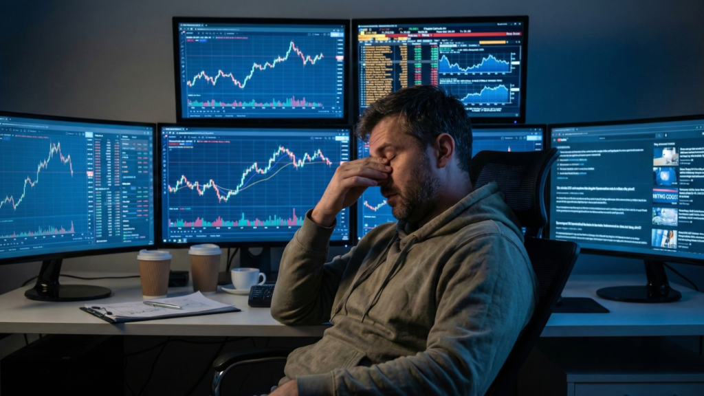 A stressed and exhausted day trader rubs his eyes late at night, sitting at a desk with six monitors displaying stock market and financial charts in a dimly lit home office.