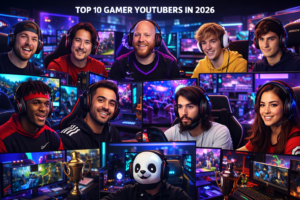 Realistic montage of top 10 gamer YouTubers in 2026, showing diverse creators at dynamic gaming setups with colorful RGB lighting, multiple monitors, esports trophies, and modern streaming backgrounds