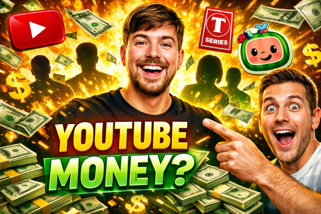 Viral YouTube thumbnail showing excited creators, flying money, YouTube logos, and bold text “YOUTUBE MONEY?” representing top YouTubers income and earnings.