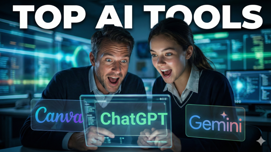 YouTube thumbnail for a video titled "TOP AI TOOLS," featuring a man and a girl with excited expressions looking at a futuristic holographic screen displaying the logos of Canva, ChatGPT, and Gemini in a high-tech environment.