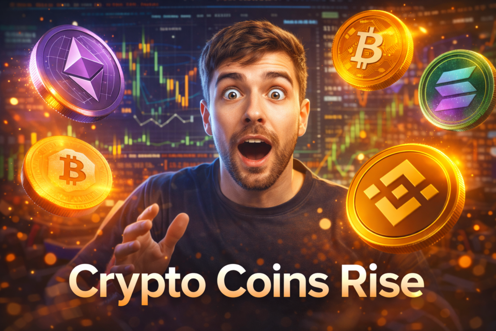 Top crypto coins gaining momentum in 2026 with a shocked young man surrounded by glowing Bitcoin, Ethereum, and Binance coin icons on a futuristic trading chart background