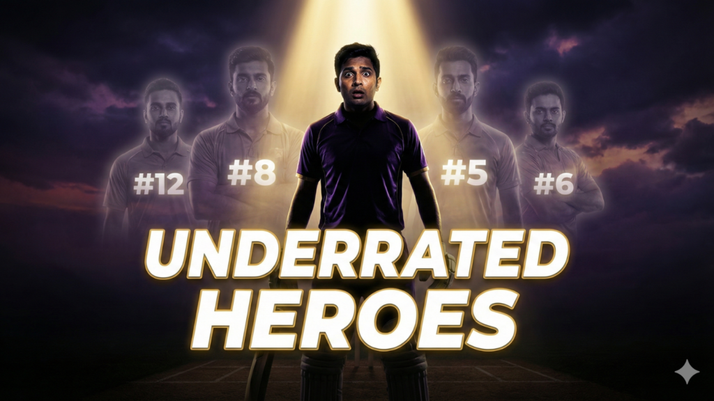 A dramatic and high-contrast YouTube thumbnail highlighting underrated cricket players. The central figure stands in shadow with a bright spotlight revealing a determined expression. Background elements include faded silhouettes of other cricketers and subtle ranking numbers, set against a dark purple and gold color scheme. Large, impactful text overlay reads "UNDERRATED HEROES."
