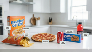 A variety of unhealthy, processed foods on a modern kitchen counter, including sugary breakfast cereal, potato chips, a frozen pizza, a can of soda, cookies, and a sports drink, each with labels indicating health risks like "High Sugar," "Processed," "High Sodium," and "Artificial Ingredients."