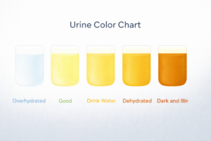 Minimalist urine color chart showing hydration levels from clear to dark amber, helping identify signs of dehydration and when to drink more water.
