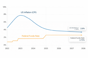 Line chart showing US inflation (CPI) declining to 2.6% and the Federal Funds Rate stabilizing around 3.75% from 2022 to 2026 in a clean financial news style