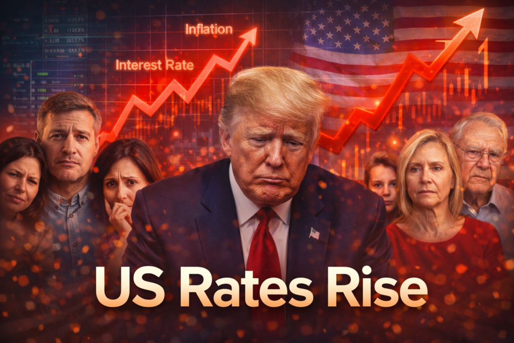 US inflation and interest rates rising shown with worried Americans and a concerned political leader, red economic charts in the background highlighting economic crisis and rate hikes in the United States
