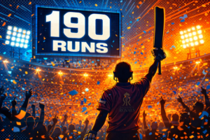 Vaibhav Suryavanshi raising his bat in victory after scoring 190 runs, stadium full of cheering crowd, confetti flying, scoreboard showing 190 runs, vibrant blue and orange comic-style cricket illustration.