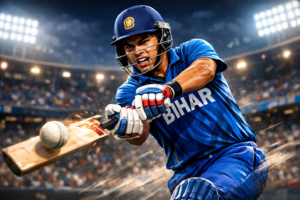 Vaibhav Suryavanshi batting for Bihar in domestic cricket, hitting a powerful shot during a high-intensity match, showcasing aggression and focus in stadium lights.