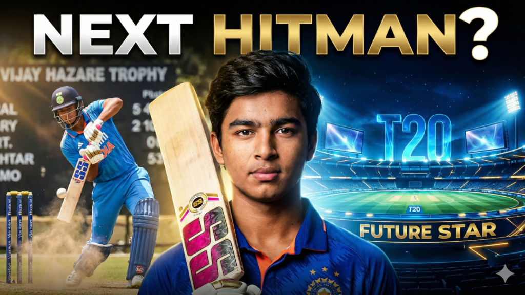 YouTube thumbnail featuring young Indian cricket prodigy Vaibhav Suryavanshi holding a bat with the text "NEXT HITMAN?" overlaid. The background shows a split scene with an action shot of him batting on the left and a futuristic glowing T20 stadium on the right.