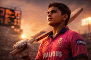 Vaibhav Suryavanshi in a Rajasthan Royals pink jersey, holding his bat over the shoulder, sweat on forehead, looking at the scoreboard with intense focus during a golden hour cricket match.