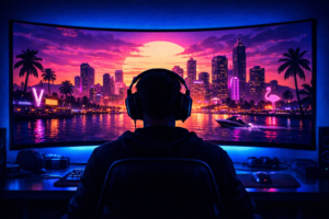 Rear view of a gamer wearing a headset, sitting in a dark room facing a curved monitor displaying a neon GTA 6 skyline at sunset with purple and pink hues, cinematic gaming atmosphere and futuristic setup.