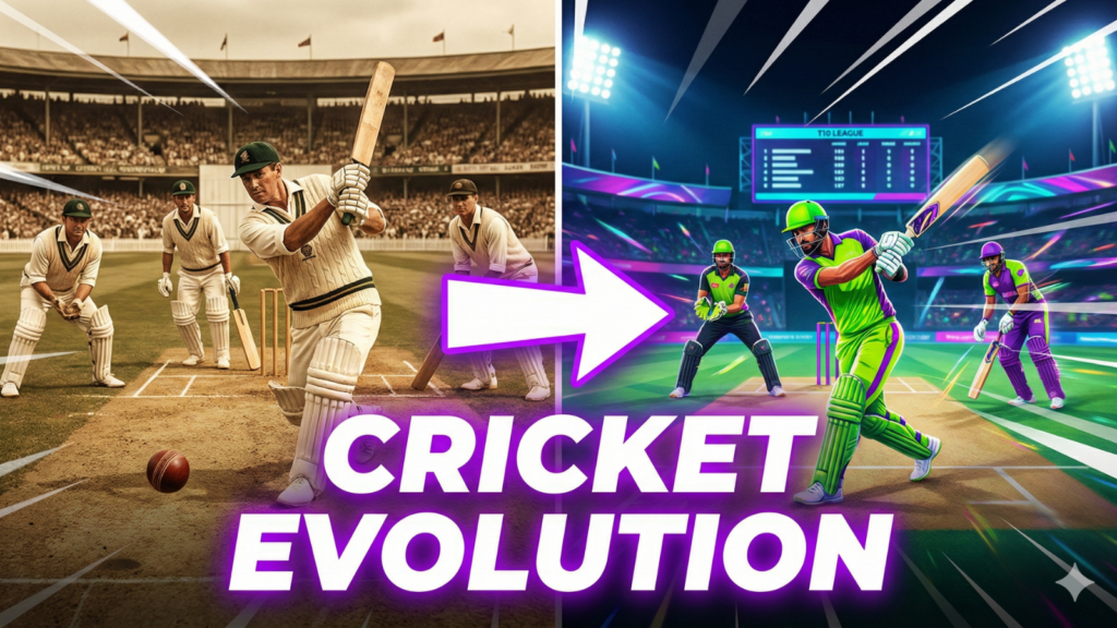 A split-screen YouTube thumbnail comparing the history of cricket. The left side depicts a vintage Test match scene in sepia tones with players in traditional white uniforms. The right side features a high-energy modern T10 match with neon lighting and colorful kits. A large directional arrow points from the past to the present, with bold text overlay reading "CRICKET EVOLUTION."