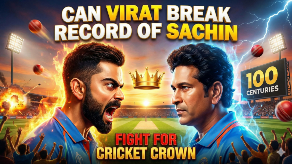 intense face-off between Virat Kohli and Sachin Tendulkar in a stadium, with text "CAN VIRAT BREAK RECORD OF SACHIN" and "FIGHT FOR CRICKET CROWN".