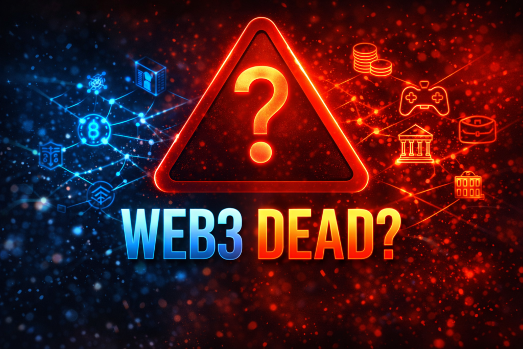 Dramatic Web3 Dead YouTube thumbnail with red warning symbol, blockchain network visuals, and finance gaming banking icons questioning the future of Web3 technology