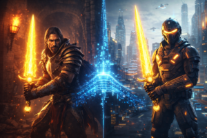 Split-screen 3D illustration showing a fantasy warrior and a sci-fi soldier holding the same glowing golden sword, connected by a digital bridge symbolizing Web3 asset interoperability.