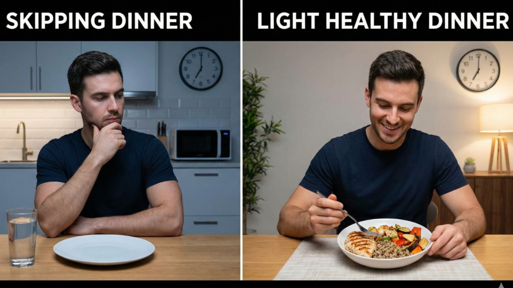 A split-screen infographic comparing weight loss strategies. On the left panel, titled "SKIPPING DINNER," a man sits pensively with an empty plate and a glass of water. On the right panel, titled "LIGHT HEALTHY DINNER," the same man smiles as he eats a bowl of grilled chicken, quinoa, and roasted vegetables. The text "WEIGHT LOSS COMPARISON" is at the bottom.