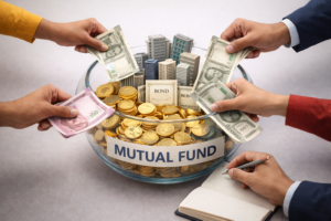 Flat lay image explaining mutual funds in India, showing multiple people pooling money into a shared fund with gold coins, bonds, buildings, and a fund manager organizing investments