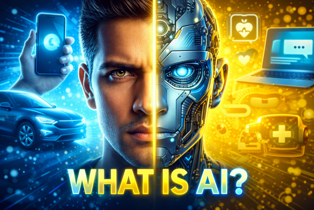 YouTube thumbnail showing a half human and half robot face explaining what is AI, artificial intelligence uses in daily life with futuristic blue and yellow tech background.