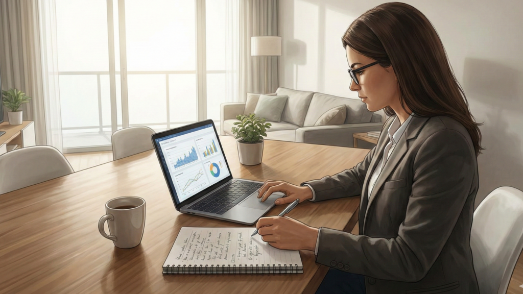 A professional woman in a business suit and glasses sits at a wooden desk in a modern, sunlit apartment, analyzing financial data charts on a laptop and writing in a notebook.