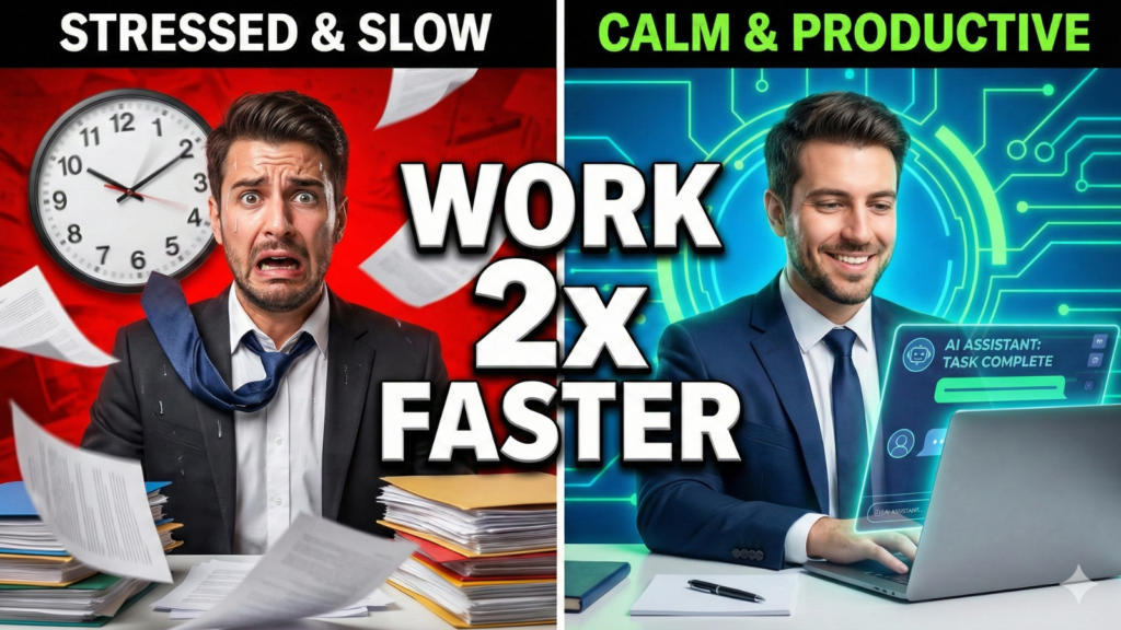 A split-screen YouTube thumbnail comparing a "STRESSED & SLOW" man overwhelmed by paperwork and a fast-spinning clock on a red background with a "CALM & PRODUCTIVE" man using an "AI ASSISTANT: TASK COMPLETE" interface on a laptop against a blue and green circuit background. Large text in the center reads "WORK 2x FASTER".