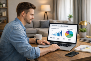 Young male entrepreneur working on a laptop with passive income dashboards and growth charts in a calm home office, representing building passive income streams.