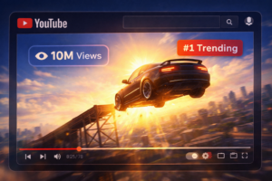 Digital illustration of a GTA6-style car stunt mid-air with golden sunlight, overlaid YouTube interface showing 10M views and #1 trending, symbolizing viral gaming success and triumphant moment.