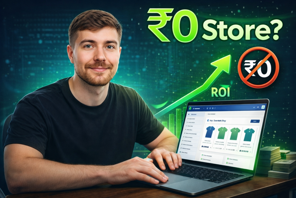 Young entrepreneur working on laptop showing Shopify store with ₹0 investment concept and rising ROI arrow